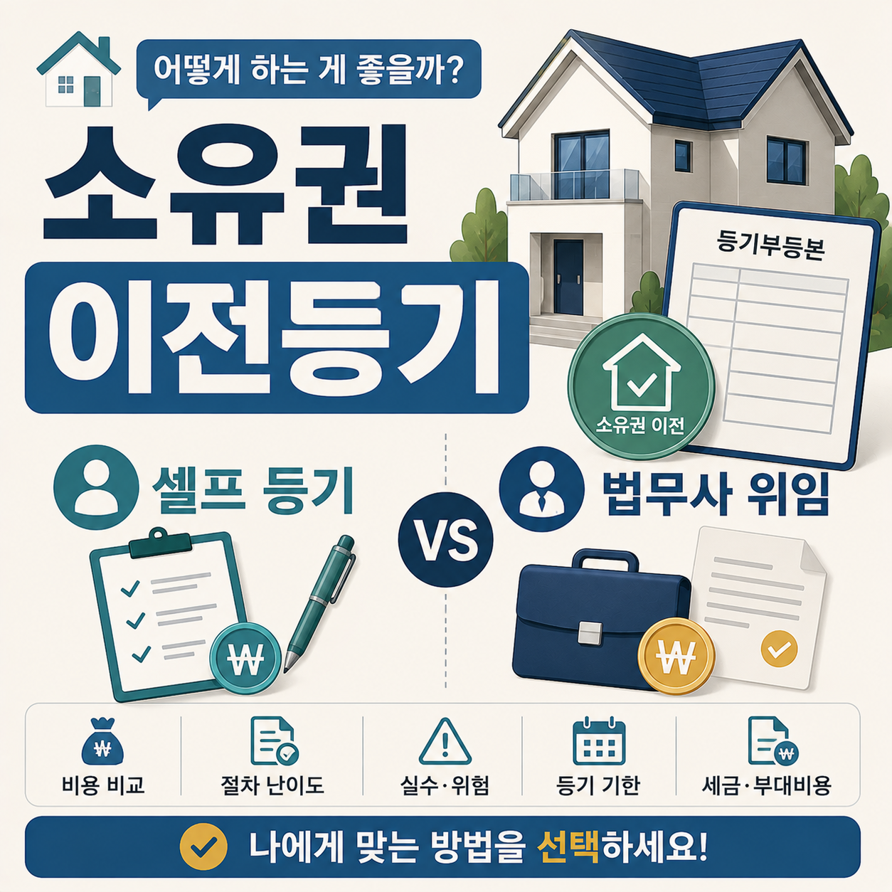 소유권 이전등기 셀프 신청과 법무사 위임을 비교하는 이미지