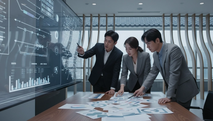 환수 통보서 내용을 분석하고 내부 대응팀을 구성하여 자료를 검토하는 한국 기업 임직원들의 모습