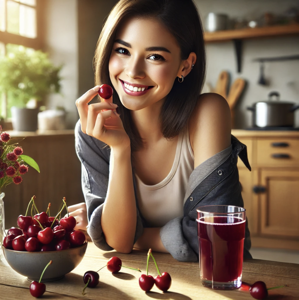 체리와 체리주스를 먹고 있는 여성
