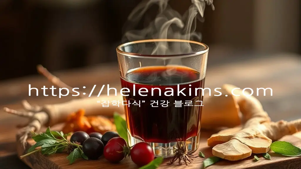 몸 속을 따뜻하게 채워줄 듯 은은한 김이 모락모락 피어나는 진한 흑염소즙이 담긴 투명한 유리잔. 잔 주변에는 건강함을 상징하는 싱싱한 약초 인삼, 대추, 생강와 자연 재료들이 조화롭게 어우러져 있는 모습.