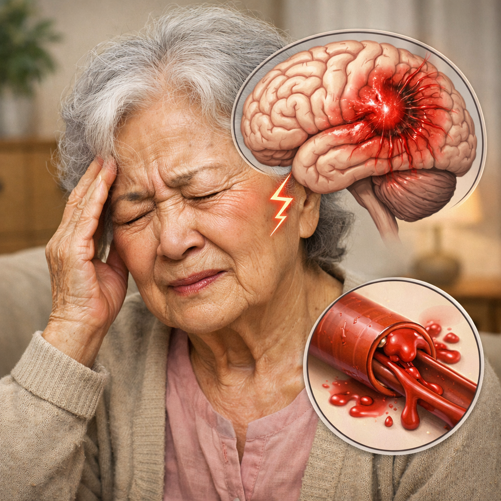 할머니가 머리 아파 고통스러워 하는 모습