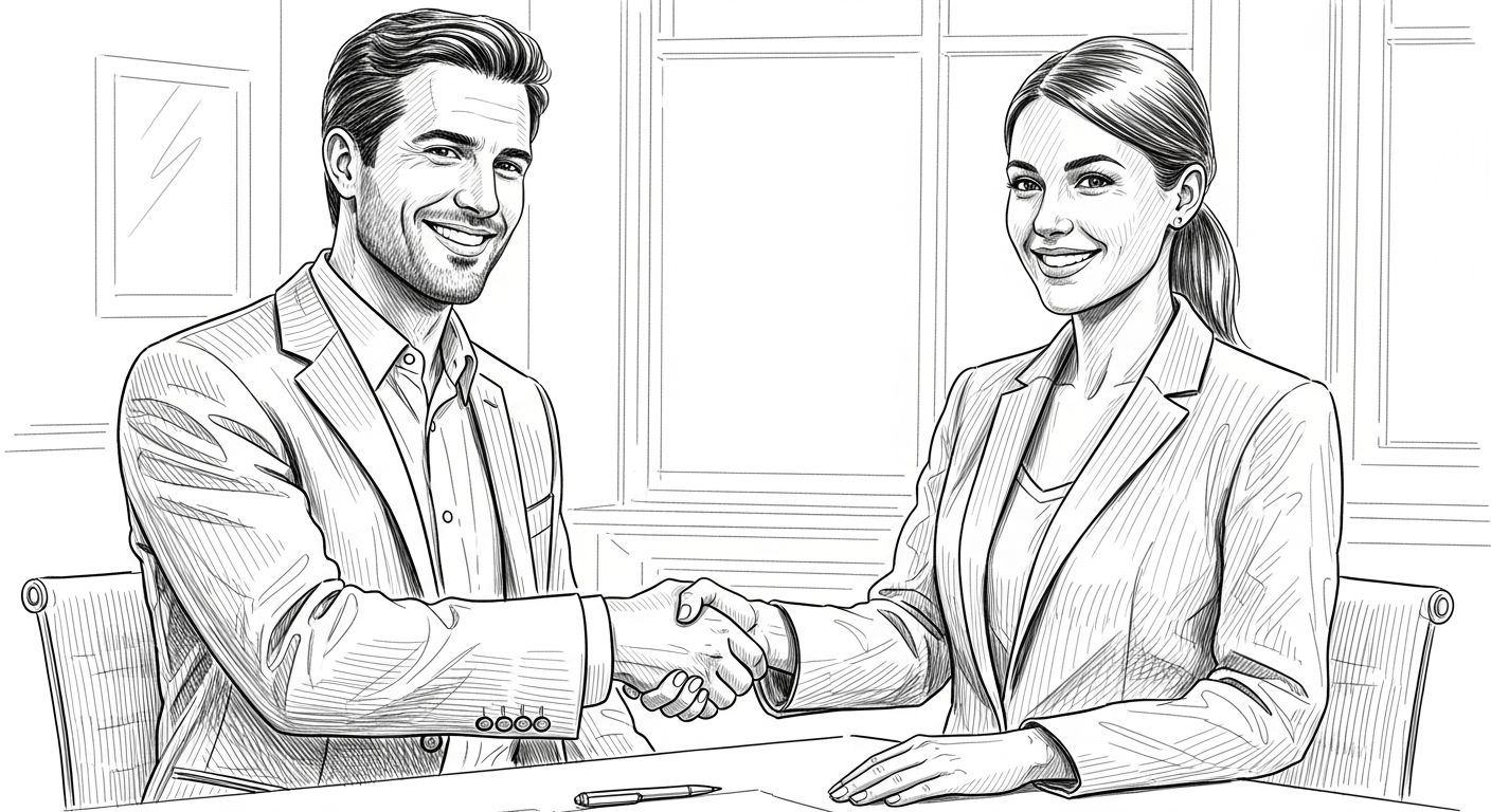 밝은 표정으로 악수하며 화해하는 동료들