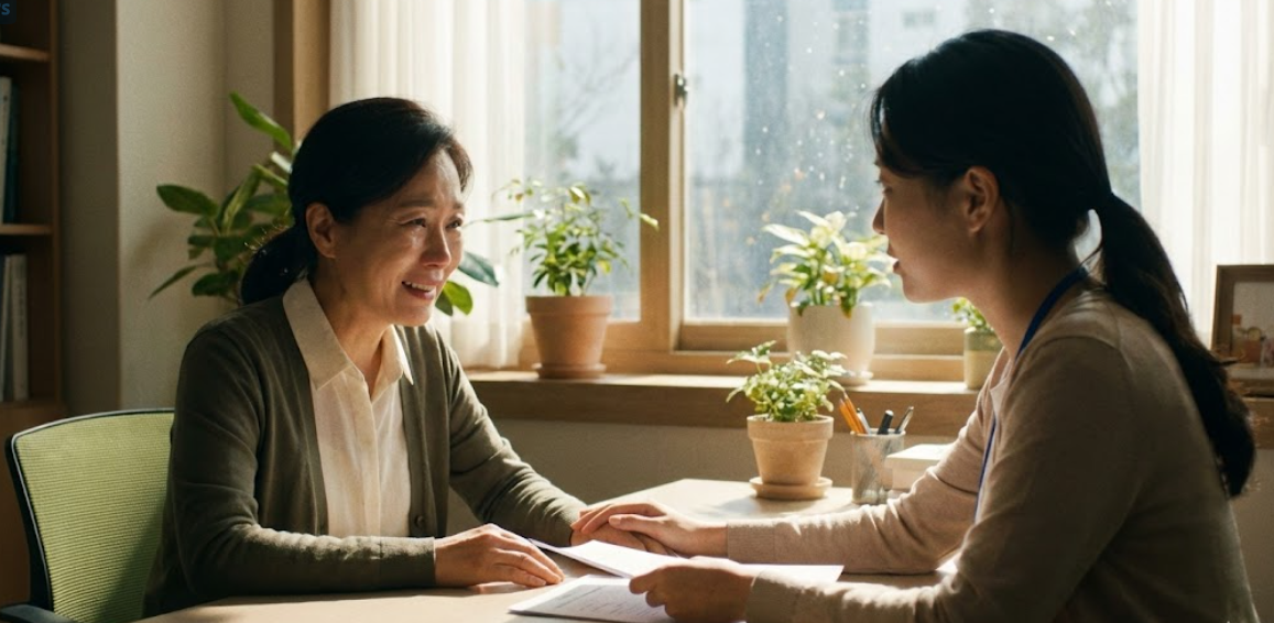 병원 복도에서 간호사와 보호자가 상담