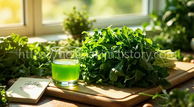 탁자 위에 싱싱한 미나리와 미나리 주스 한 잔이 있는 이미지.