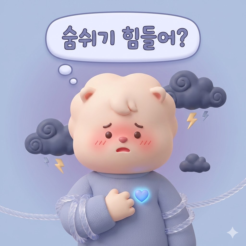 가슴이 답답하고 숨쉬기 힘들어하는 귀여운 캐릭터 일러스트