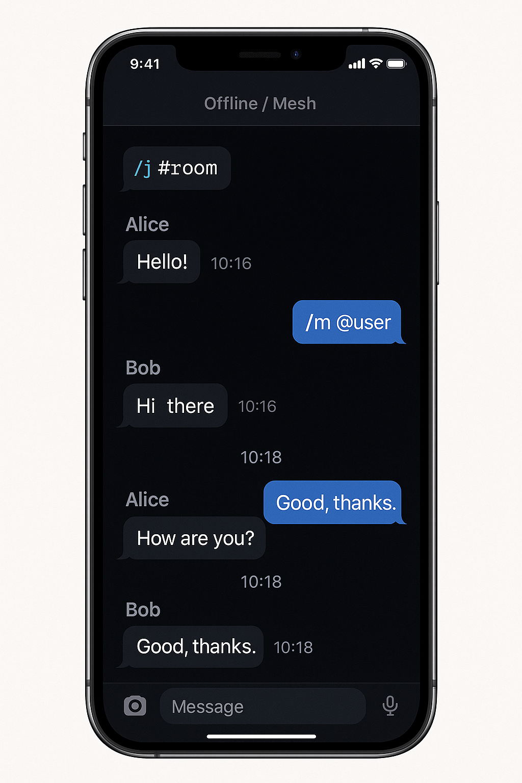 비트챗 모바일 앱 인터페이스 목업 - IRC 스타일 명령어와 메시징 화면
