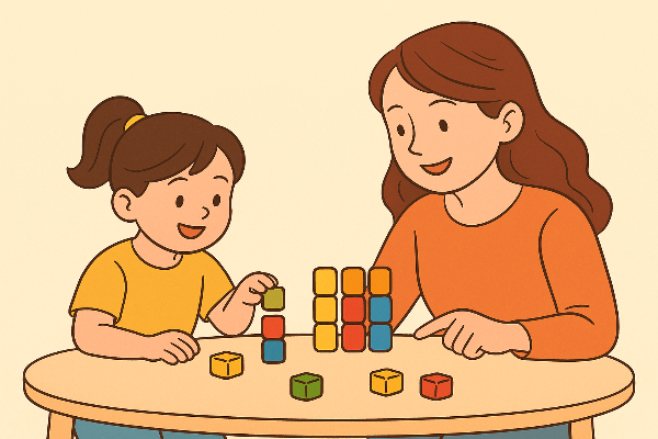 엄마와 함께 블록으로 곱셈 놀이를 하는 이미지