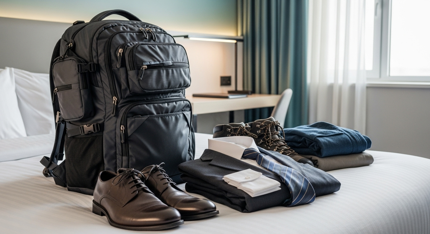 깔끔하게 정리된 비즈니스 정장과 효율적으로 짐이 담긴 백팩이 호텔 침대 위에 놓여 있어 다양한 여행 목적에 맞는 짐 싸기를 보여줍니다.