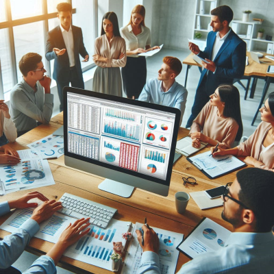 여러 명의 사람들이 그래프와 데이터를 분석하며 회의하는 모습.