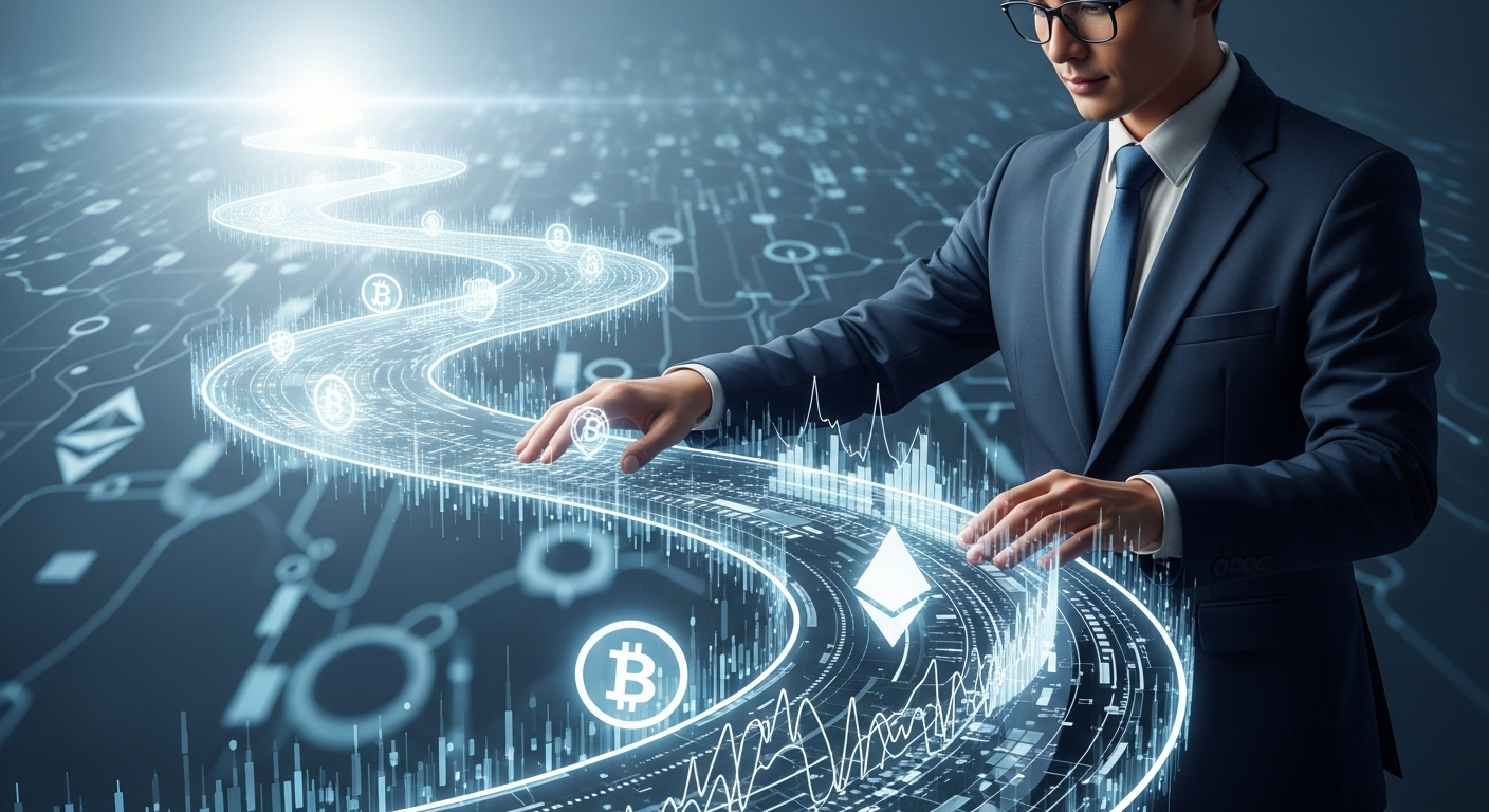 복잡한 코인 시장에서 신중하게 길을 찾아가는 투자자의 모습, 안전하고 현명한 암호화폐 투자의 중요성을 강조.