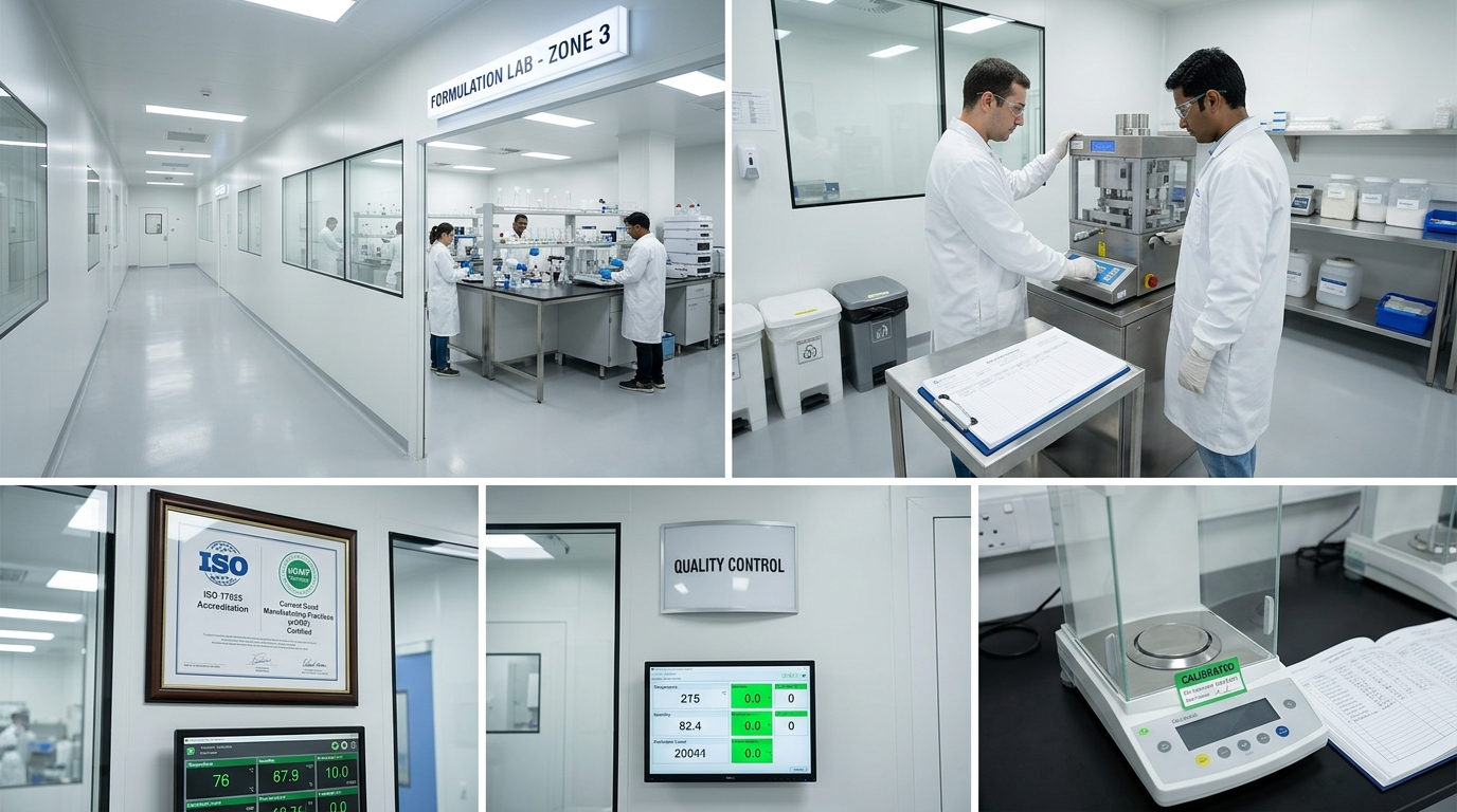 ISO 인증 마크가 게시된 청결한 품질 관리 연구실 내부에서 실험 중인 연구원들