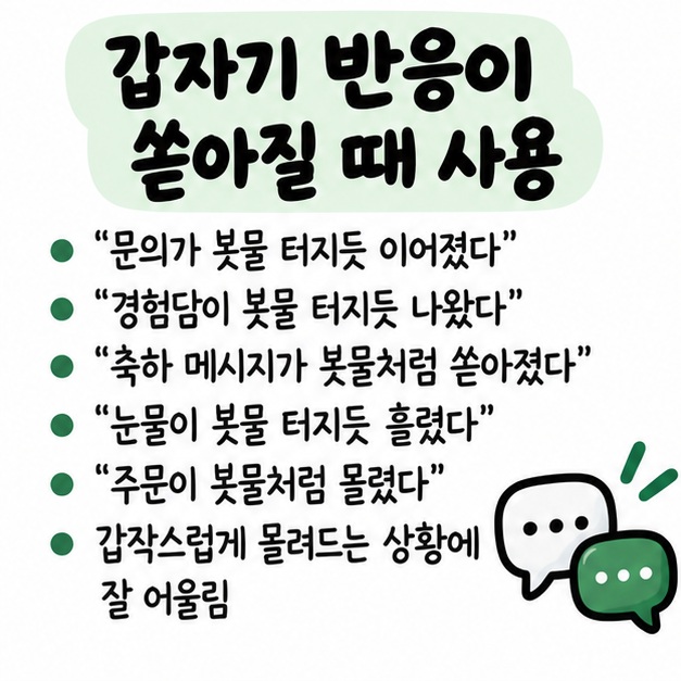 문의·질문·눈물·주문·축하 메시지가 갑자기 몰려드는 상황에서 봇물 터지듯이라는 표현을 쓰는 예문 카드