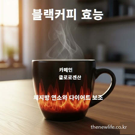 불꽃이 그려진 머그잔에 담긴 블랙커피 컵, 체지방 연소와 다이어트 효능을 상징