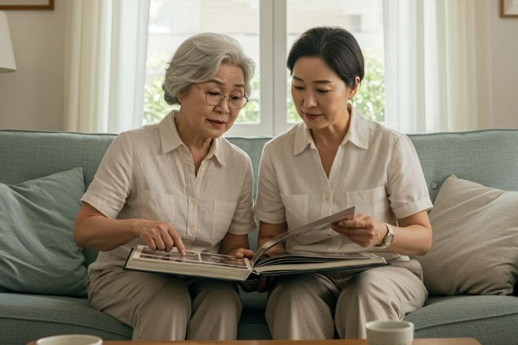 치매 예방 _ 자녀와 앨범을 보는 모습