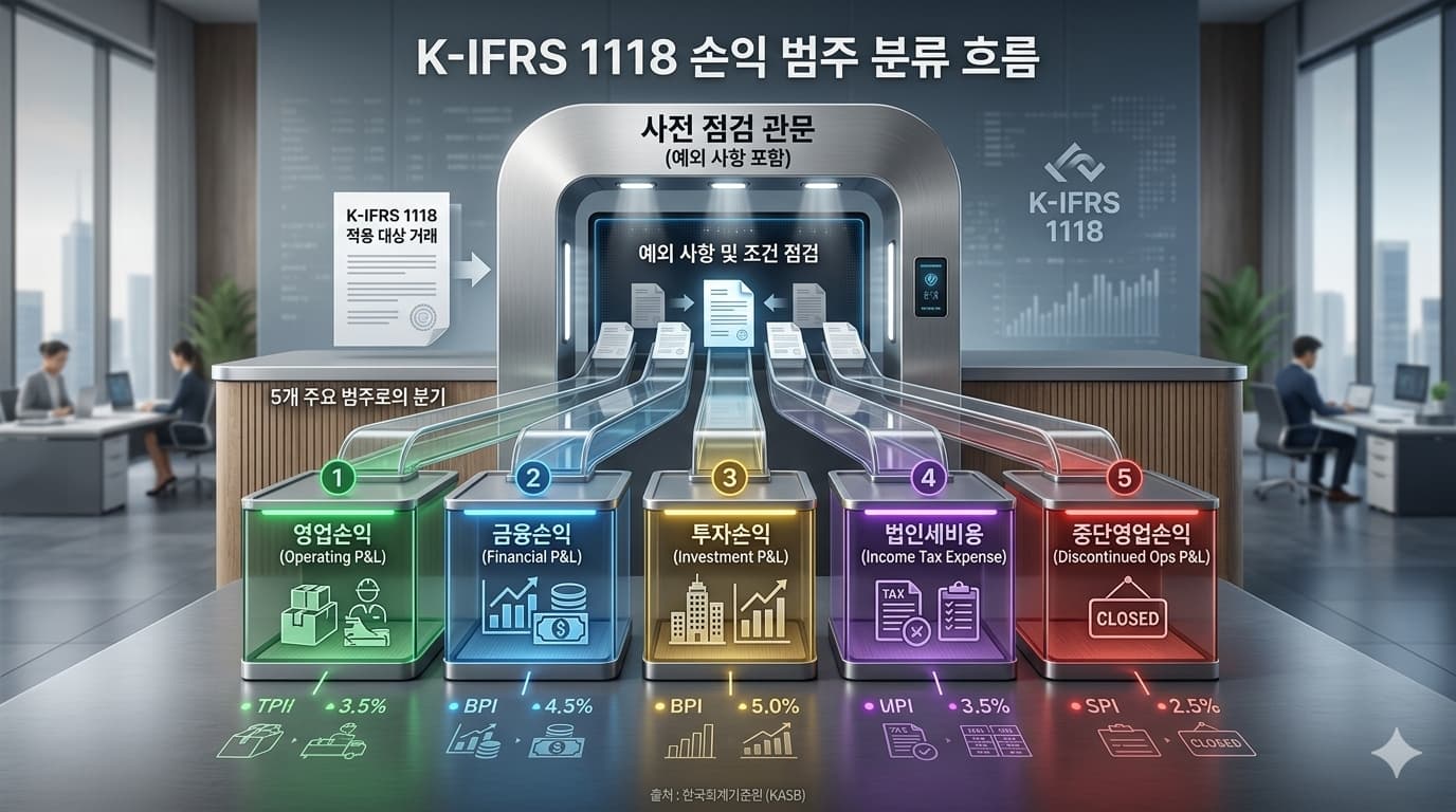 K-IFRS 1118 범주 분류 흐름에서 예외 점검 후 5개 범주로 나뉘는 손익 구조