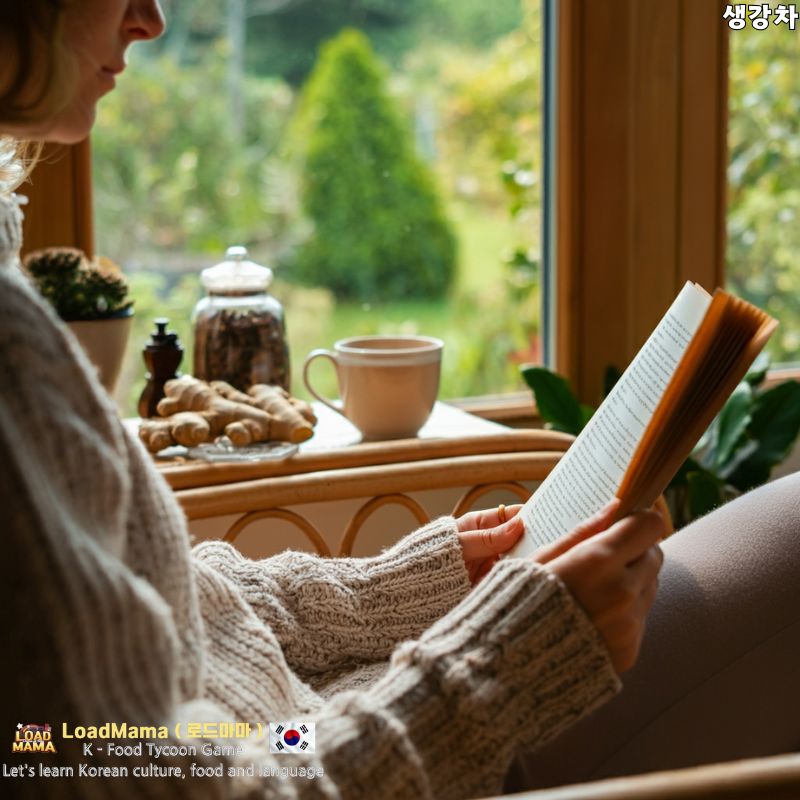 아늑한 안락의자에 앉아 생강차 한 잔을 즐기는 사람.