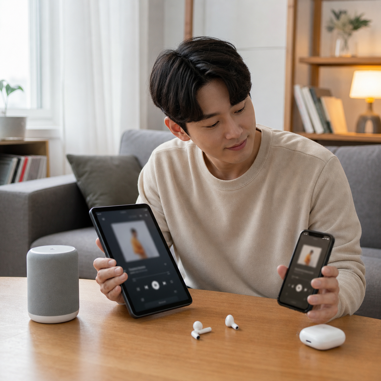 유튜브뮤직 관련 상황을 확인하는 한국인 실사 이미지 3
