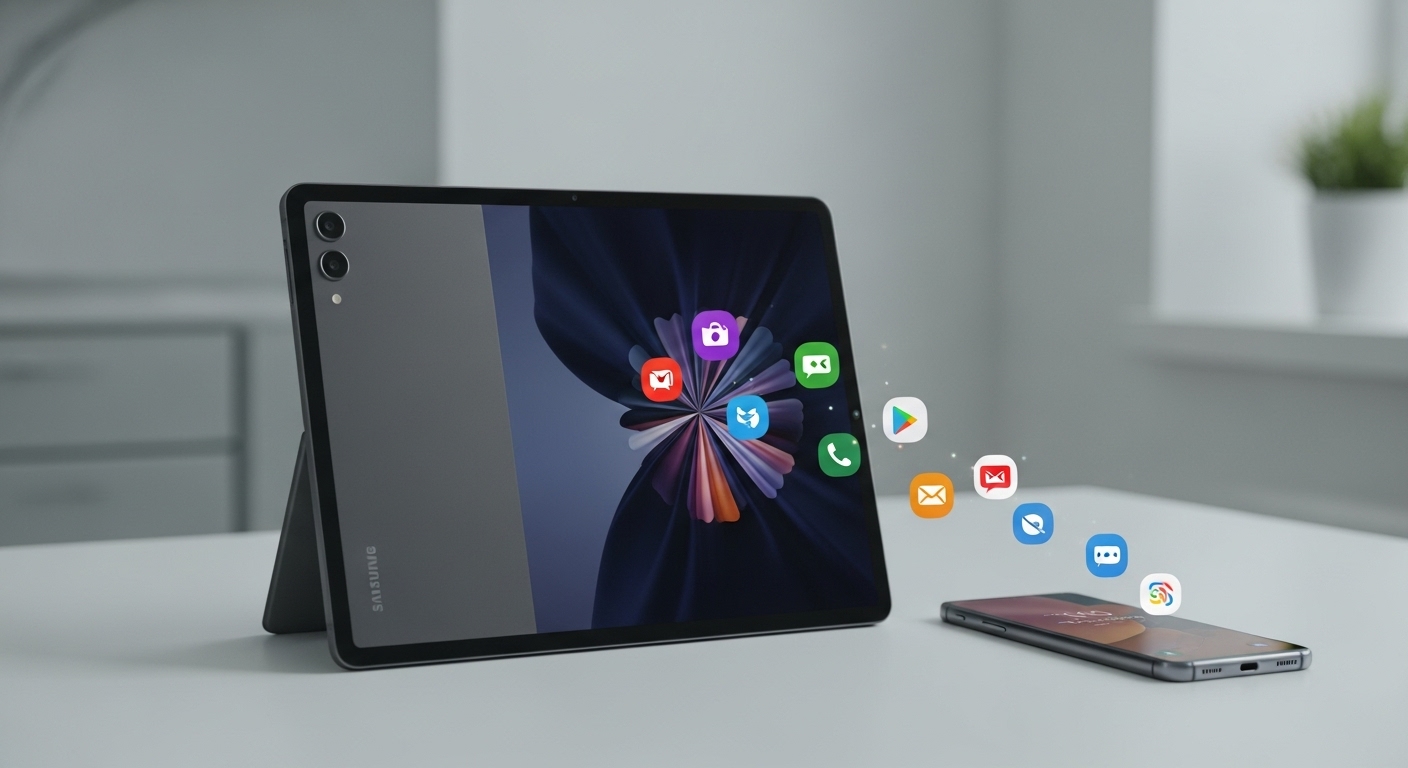 깔끔한 책상 위에 세워져 있는 삼성 갤럭시 탭 A9. 옆에는 스마트폰이 놓여 있어 갤럭시 생태계 연동성을 암시한다.