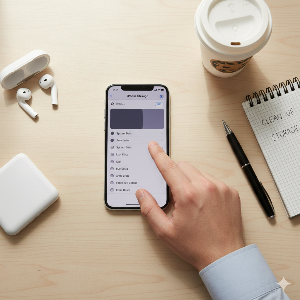 나무 책상 위 아이폰 화면에 '저장 공간(iPhone Storage)' 메뉴가 표시되어 있으며, '시스템 데이터(System Data)' 항목이 높은 비중을 차지하는 그래프를 손가락으로 가리키고 있는 모습. 옆에는 'CLEAN UP STORAGE'라고 적힌 노트와 커피가 놓여 있어 아이폰 용량 정리 문제를 시사한다.