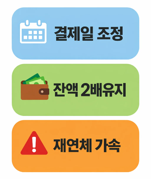 신용카드 연체 정지 이후 결제일 조정 잔액 2배 유지 재연체 가속 위험을 정리한 관리 방법 이미지