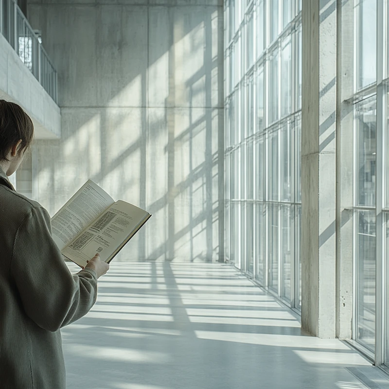 한 사람이 현대적인 도서관에서 월배당 ETF 가이드를 공부하는 장면으로, 부드러운 햇살이 큰 창문을 통해 들어와 호기심과 배움의 감성을 넓히고 있다. ETF 초보자를 위한 교육 자료, 금융 지식 습득을 반영.