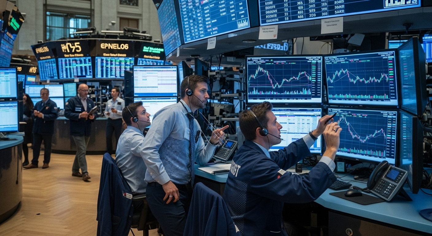 활기 넘치는 주식 시장 전광판과 분석가들이 주도주를 찾는 모습을 담은 이미지