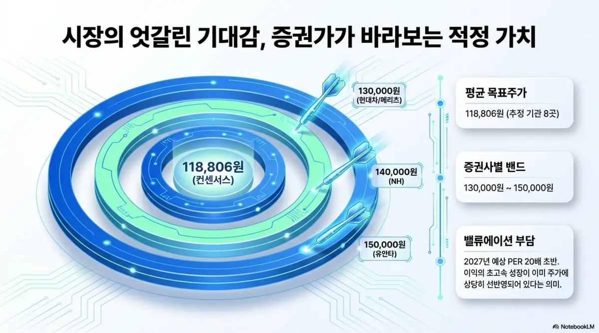 티엘비 주가 전망: 증권가의 티엘비 목표주가를 정리한 인포그래픽으로&amp;#44; 평균 목표주가 컨센서스 118&amp;#44;806원과 증권사별 13만~15만 원의 밴드를 보여줍니다. 2027년 예상 PER 20배 초반으로 이익 성장이 상당 부분 선반영된 밸류에이션 부담도 함께 담아&amp;#44; 블로그의 티엘비 목표주가 분석과 연결됩니다.