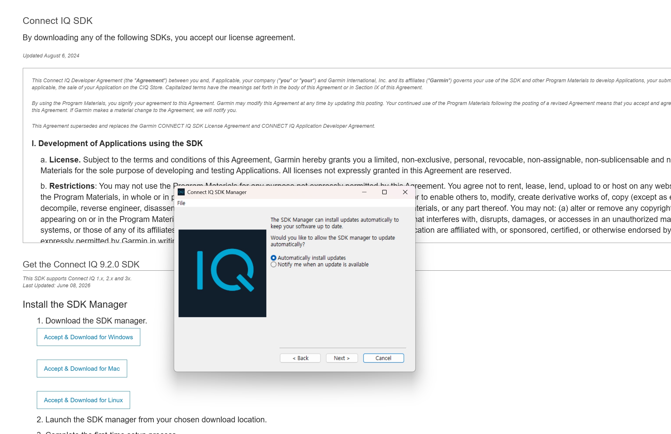 Connect IQ SDK Manager 자동 업데이트 설정 화면