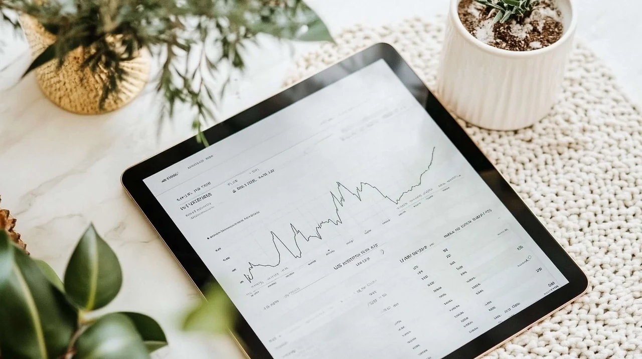 2025년 미국 ETF 포트폴리오 구성 전략의 비교 요약을 태블릿 화면에 시각적으로 정리, ETF 추천, 포트폴리오 전략 비교, 투자 성과, 요약분석 조화