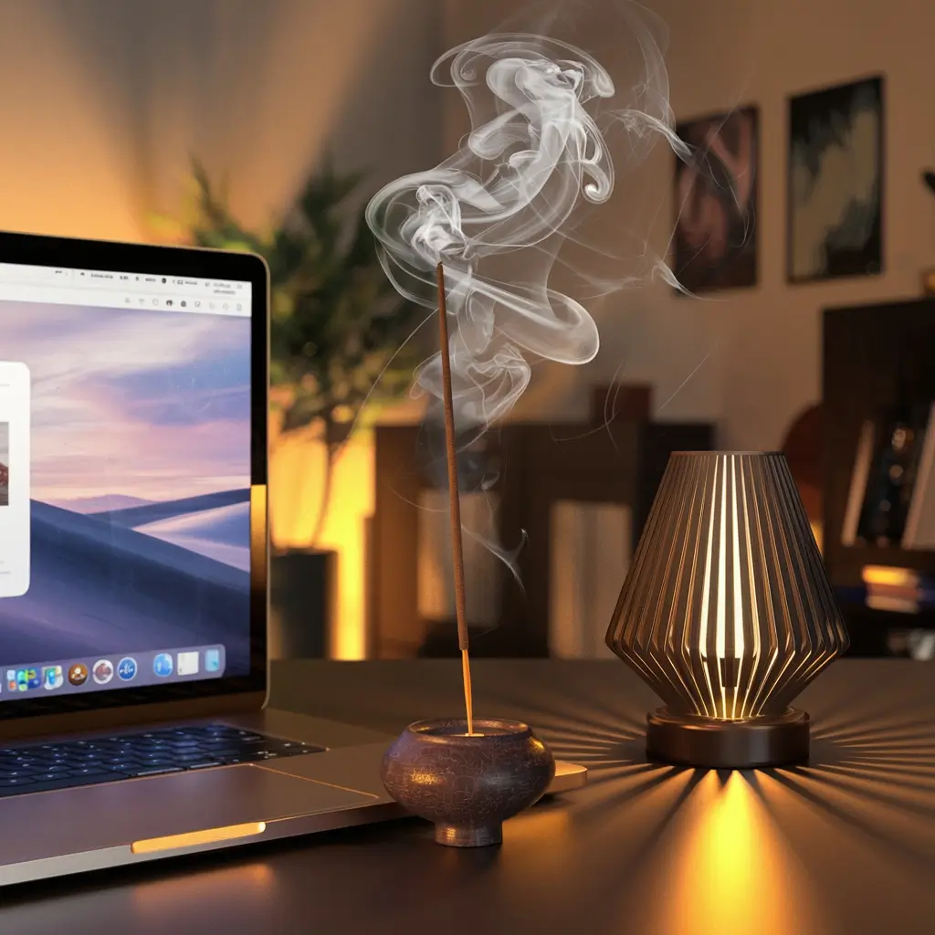 노트북과 무드등 사이에 피워진 인센스 스틱의 모습