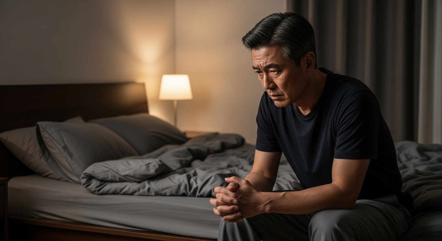 50대 솔로남이 이성 친구를 만드는 일이 막막하게 느껴져 외롭게 방에서 우울해 하는 모습