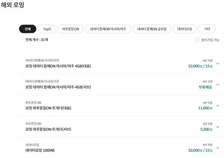 KT m 모바일은 31개의 로밍 상품이 있어요.