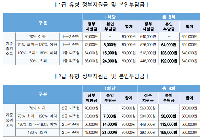 1, 2급 유형 정부지원금 및 본인부담금