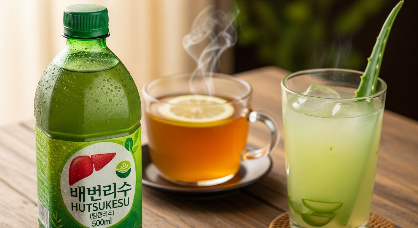 헛개수 음료, 알로에 주스, 꿀물이 함께 놓여 있는 모습.