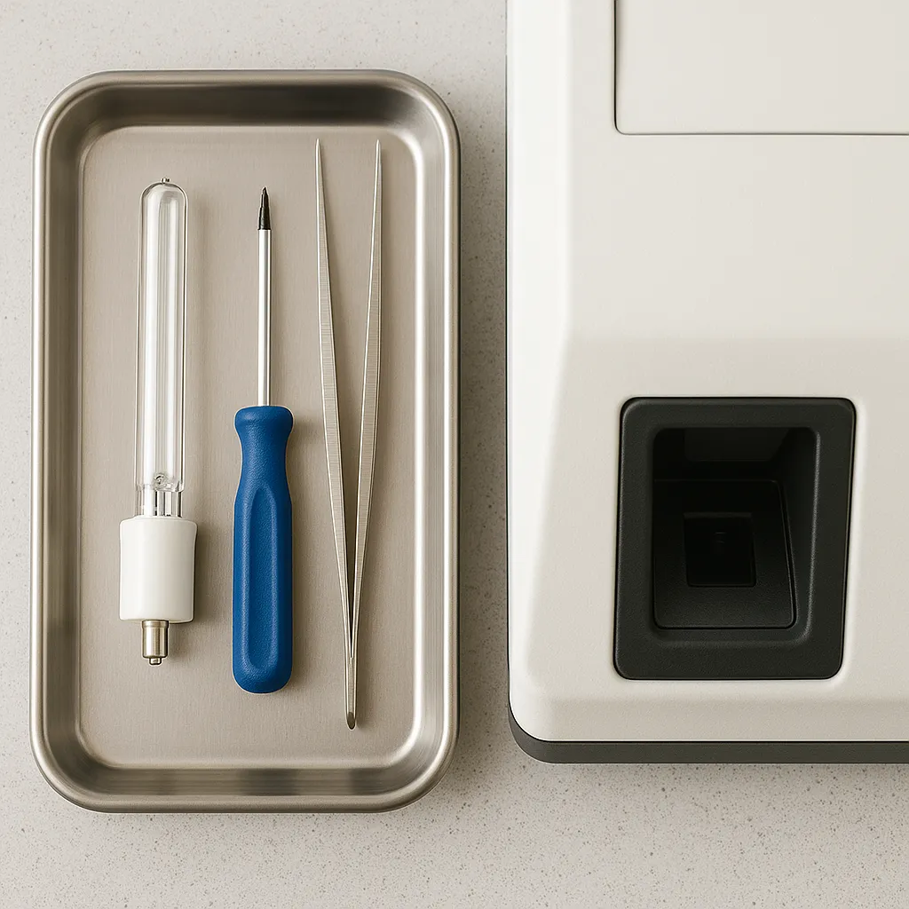 UV 램프와 공구가 쟁반에 정리된 상태로 장비 옆에 놓인 구성