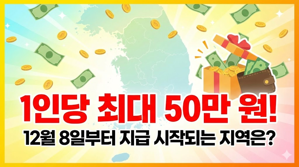 돈벼락이 내리는 배경과 선물상자, 지갑 아이콘을 사용하여 풍성한 지원금 소식을 시각적으로 표현했습니다. "1인당 최대 50만 원!"이라는 강력한 메인 카피를 굵고 빨간색으로 강조하여 독자들의 클릭을 유도하고, "12월 8일부터 지급 시작되는 지역은?"이라는 서브 카피로 궁금증을 자아냅니다.