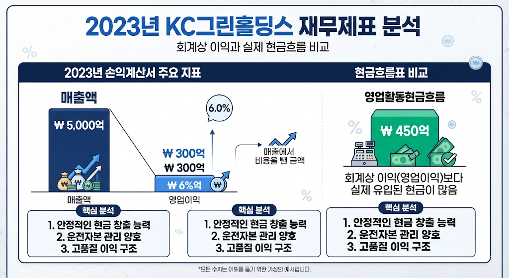 KC그린홀딩스의 2023년 매출과 영업이익 및 현금흐름을 비교한 재무 분석 그래프