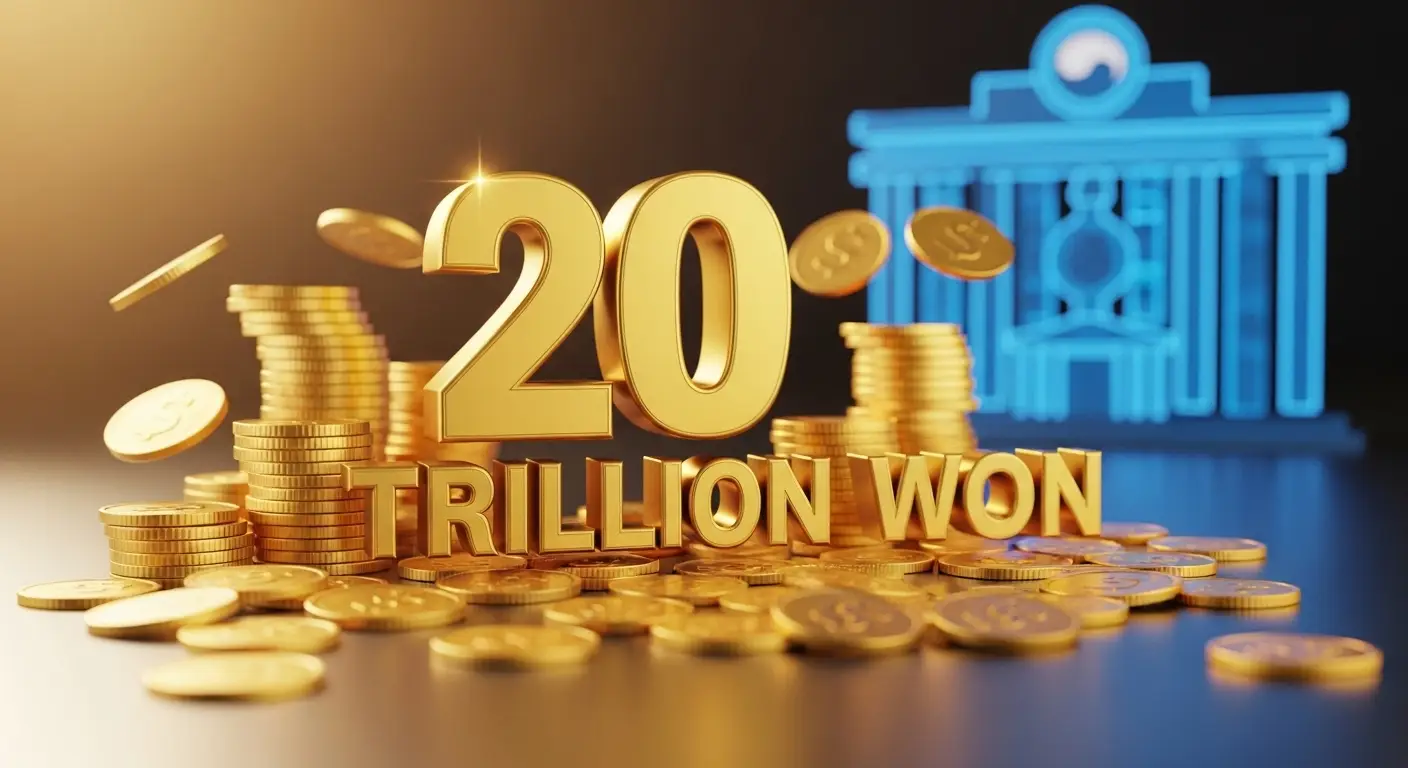 정부의 20조 원 재정 지원 계획을 상징하는 황금색 동전과 화살표, '20,000,000,000,000원' 숫자가 강조된 고화질 그래픽 이미지