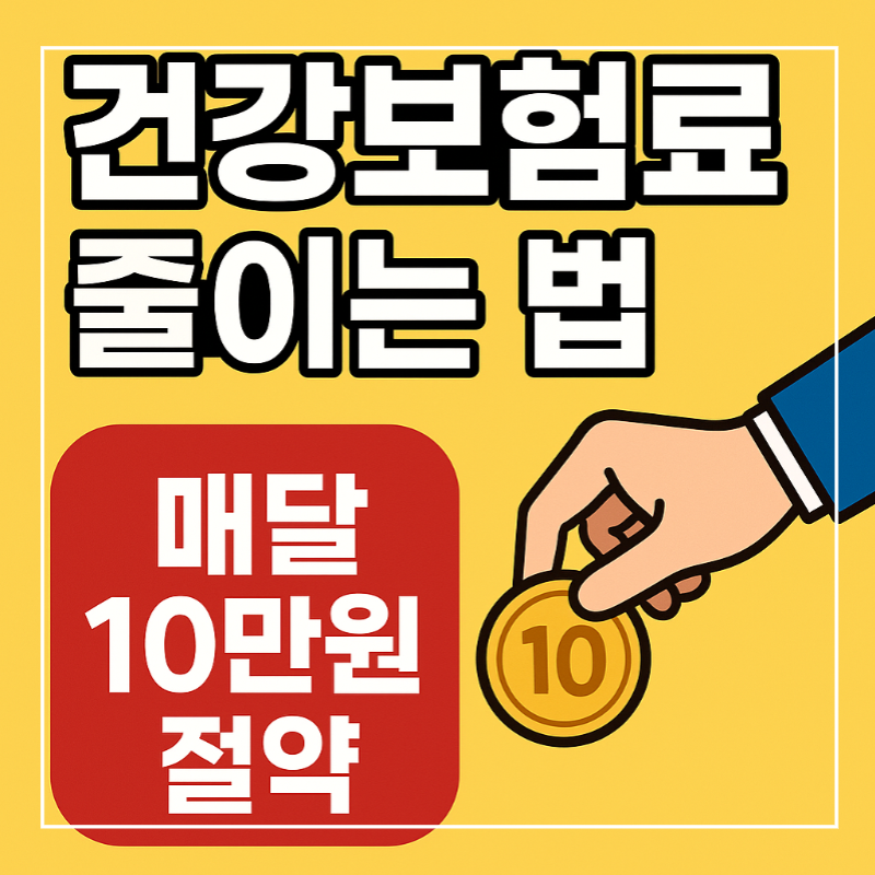 건강보험료 줄이는 법 썸네일, 매달 10만원 절약 강조, 노란 배경에 동전 잡은 손 일러스트