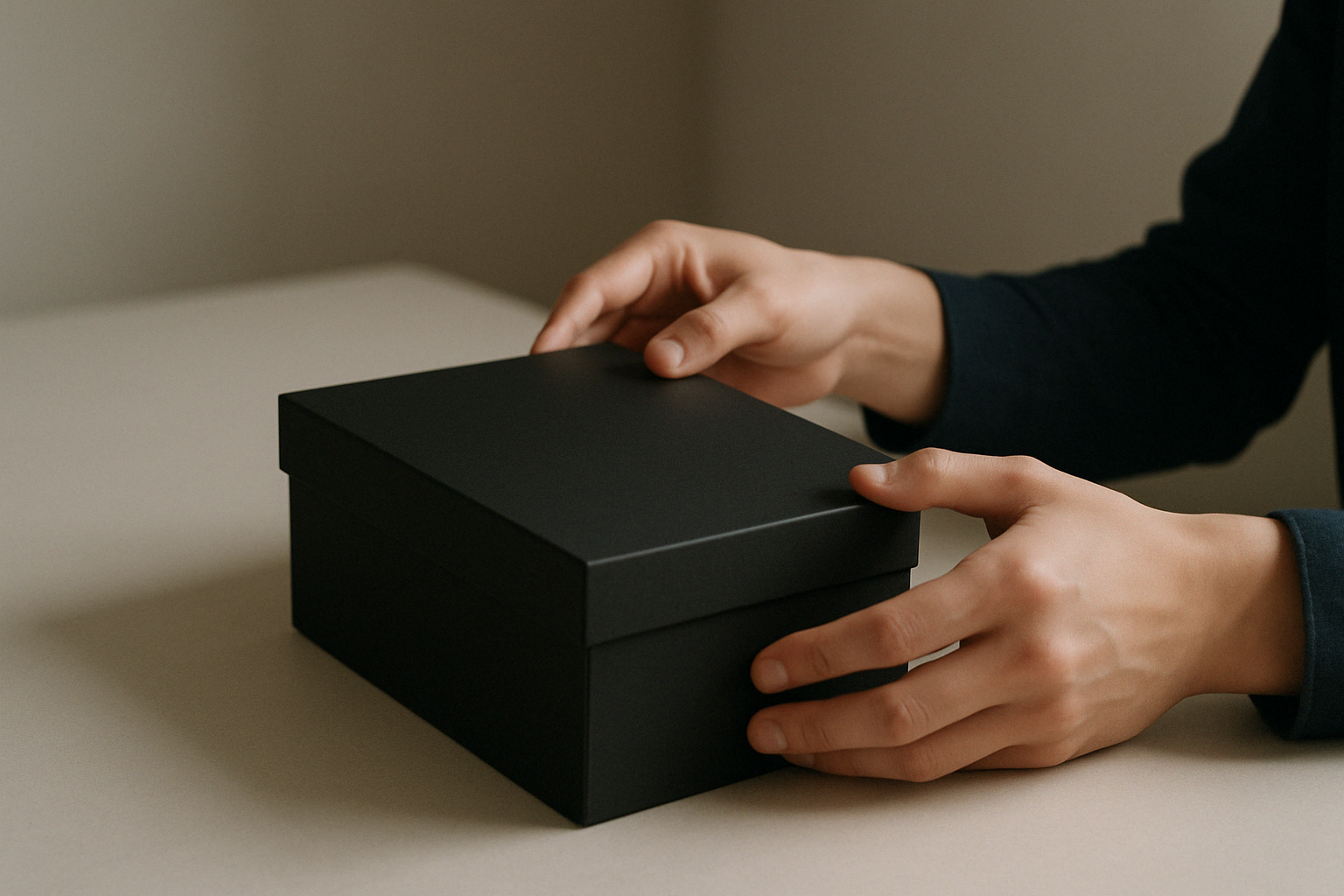 부드러운 조명 아래 검은색 제품 박스를 조용히 개봉하는 장면(Ai생성이미지)