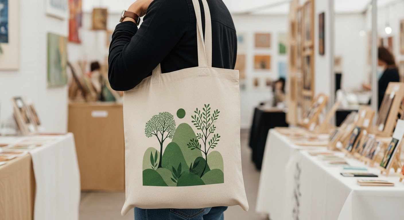 독특한 자연 테마 일러스트가 그려진 친환경 에코백을 든 사람