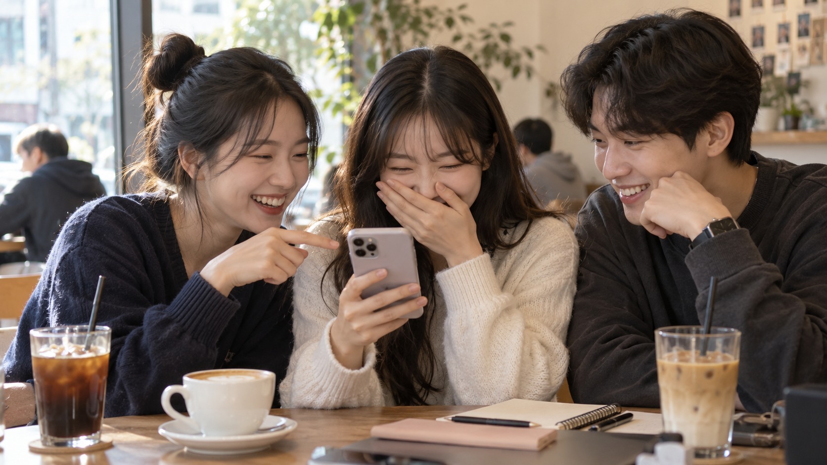 카페에서 친구들이 스마트폰의 밈을 보며 함께 웃는 모습