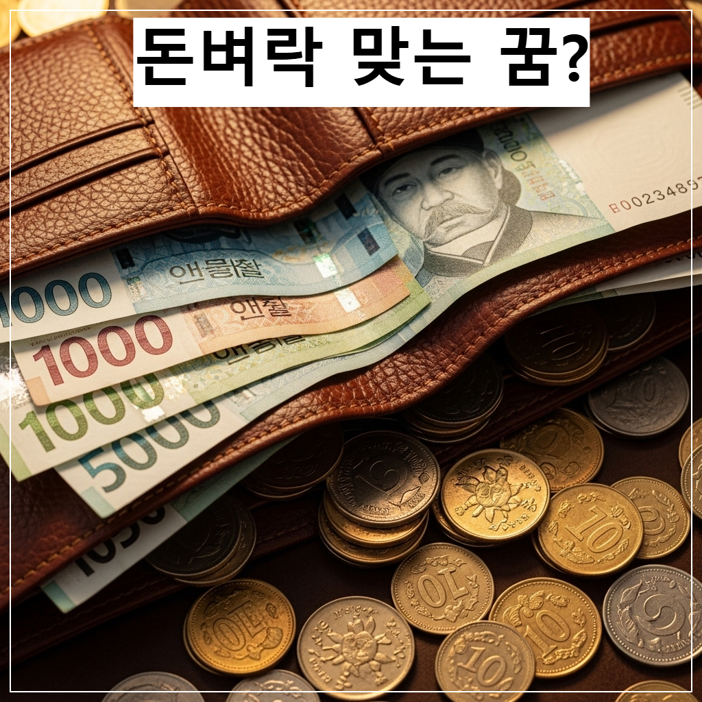 고급스러운 가죽 지갑 안으로 황금빛 지폐가 빽빽하게 꽂혀 있고, 주변에서 은은한 빛망울이 반짝이며 풍요로운 기운을 자아내는 몽환적인 모습