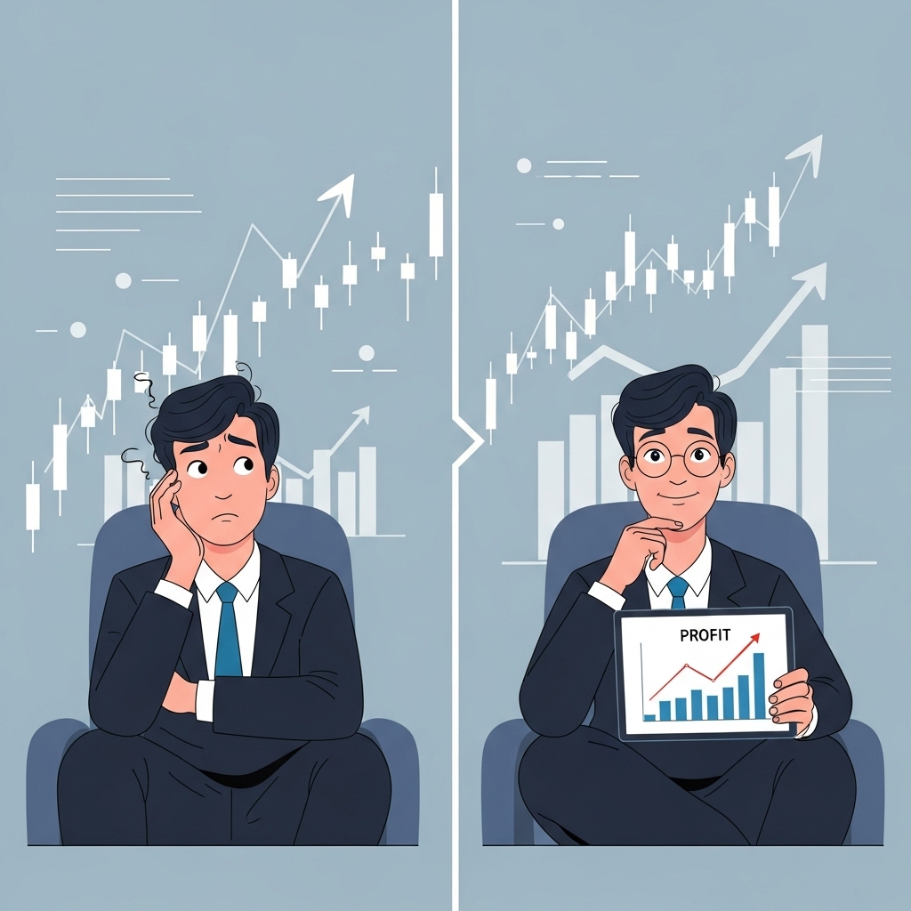 주식 초보 투자자가 복잡한 차트를 뒤로하고 성공적으로 투자하여 자신감 넘치는 모습으로 변모한 이미지. 성장하는 주식 그래프와 태블릿을 들고 미소 짓는 투자자가 보입니다.