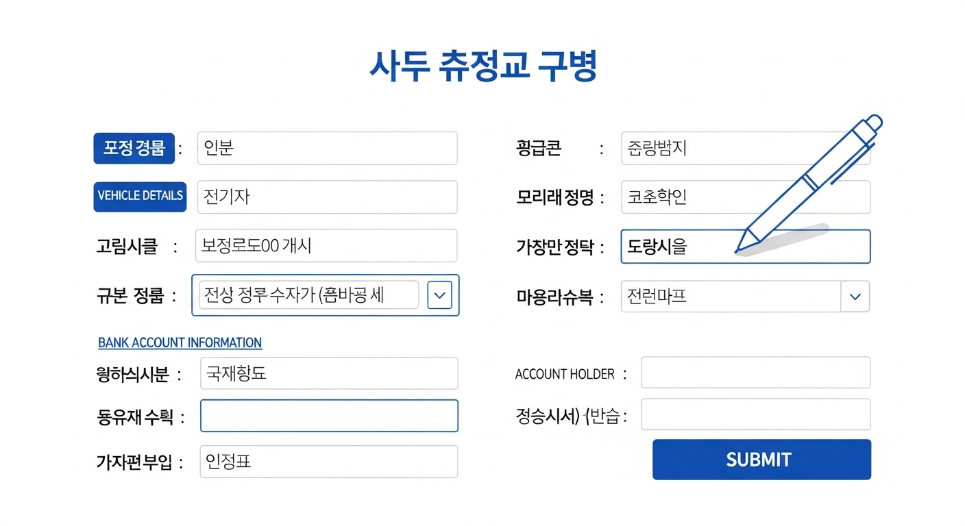 자동차세 환급 신청서에 계좌 정보를 입력하는 모습