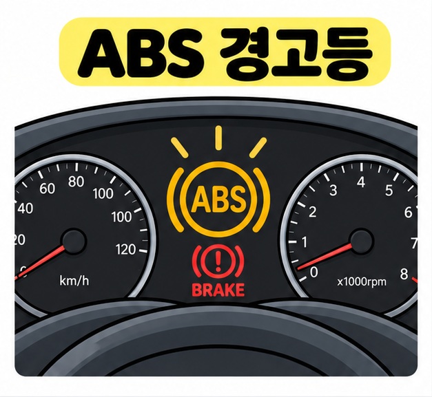 자동차 계기판의 ABS 경고등과 브레이크 아이콘 옆에 ABS 경고등 제목을 크게 배치한 카드