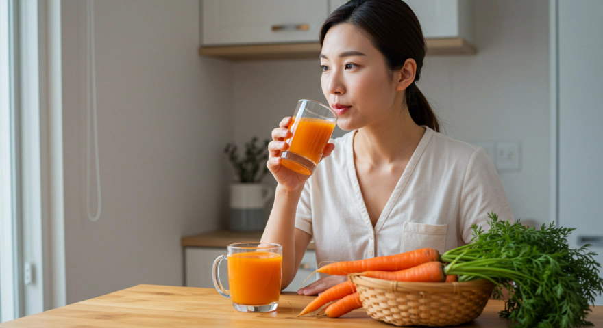 콜라겐에 좋은 당근 주스를 먹는 여성