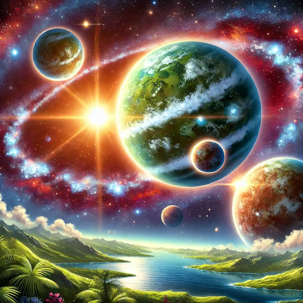 골디락스존과 관련된 행성의 사진 우주의 배경에 행성몇개가 떠있다. 뒤로는 태양과같은 항성의 빛이 강렬하게 빛나고 있고 원형으로 별들이 나열되어있는 공상과학적 이미지이다.