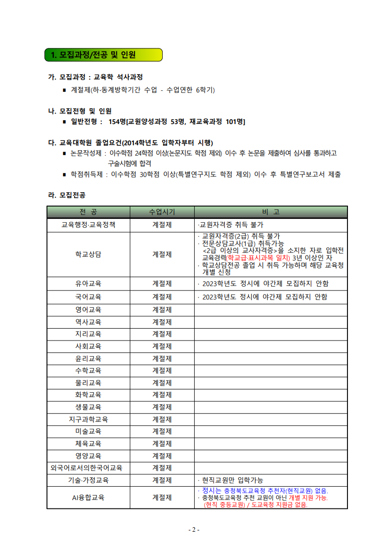 2023년 전기 충북대학교 교육대학원 모집인원