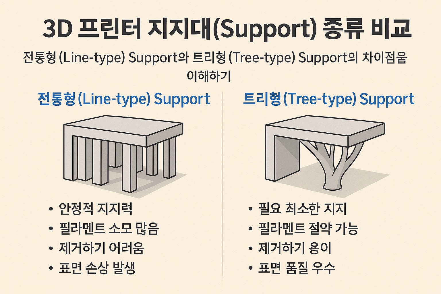 3D 프린터 지지대 종류와 역할을 설명하는 교육용 인포그래픽